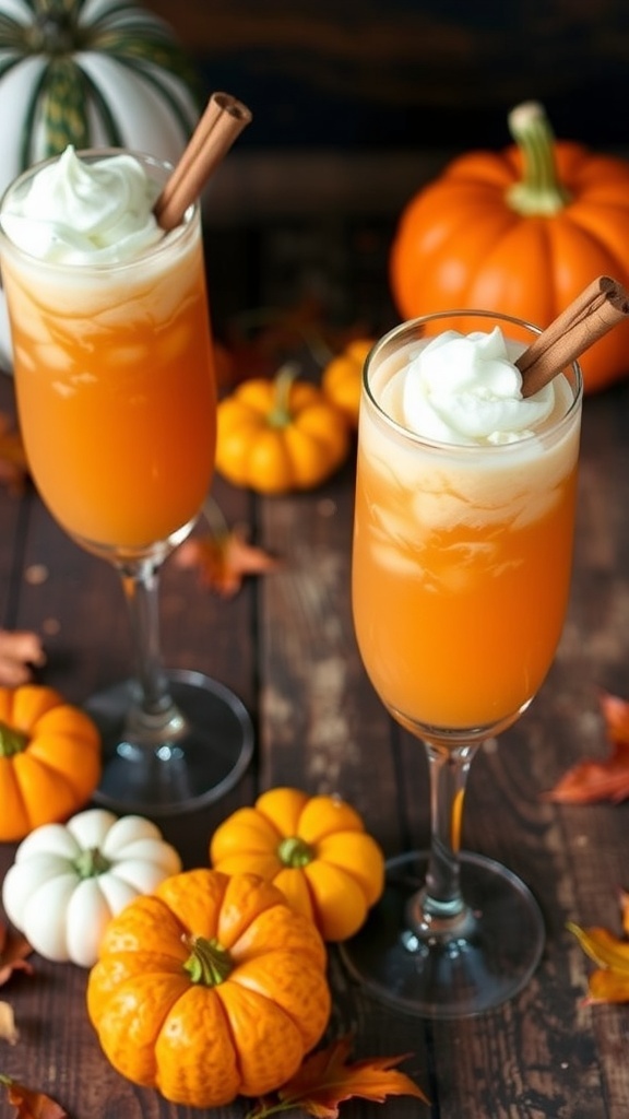 Two Pumpkin Spice Fizz cocktails with whipped cream and cinnamon sticks on a wooden table with pumpkins.